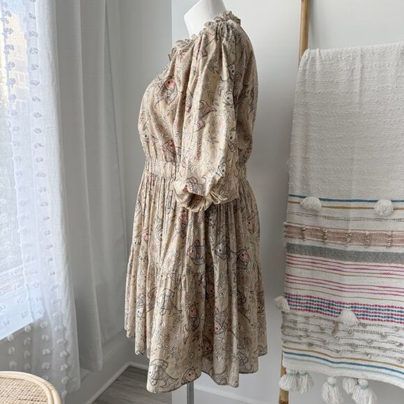 Let Me Be Anthropologie Celeste Fish Print Peasant Puff Sleeves Mini Dress 14 - Picture 5 of 14
